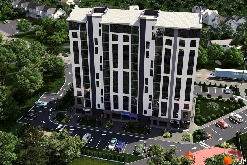 Зовнішній вигляд новобудови ЖК River Stone з сірими та білими фасадами та великими вікнами, прибудинкова територія з парковкою та зеленими насадженнями.