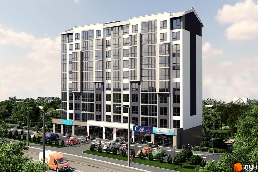 Зовнішній вигляд новобудови River Stone з великою кількістю скління та комерційними приміщеннями на першому поверсі. На прибудинковій території розташовані парковка та зелені насадження.