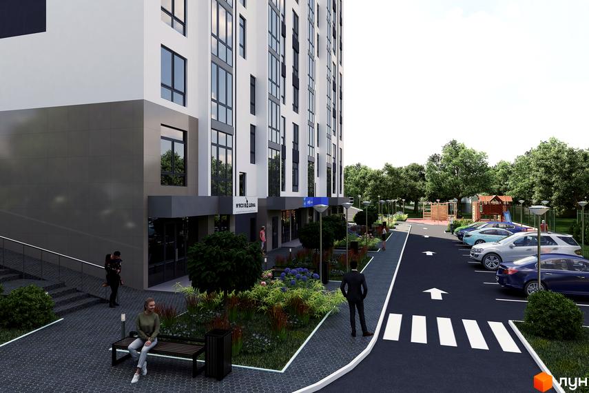 Багатоповерховий будинок Житлового комплексу River Stone з біло-сірим фасадом та великими вікнами. Прибудинкова територія має доріжки, зелені насадження, парковку та дитячий майданчик.