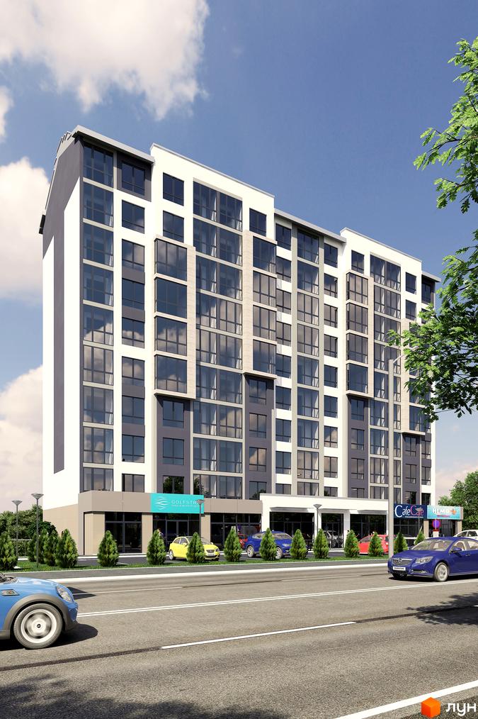 Житловий комплекс River Stone з біло-сірим фасадом та великими вікнами. Перед будинком дорога з автомобілями та зелені насадження.