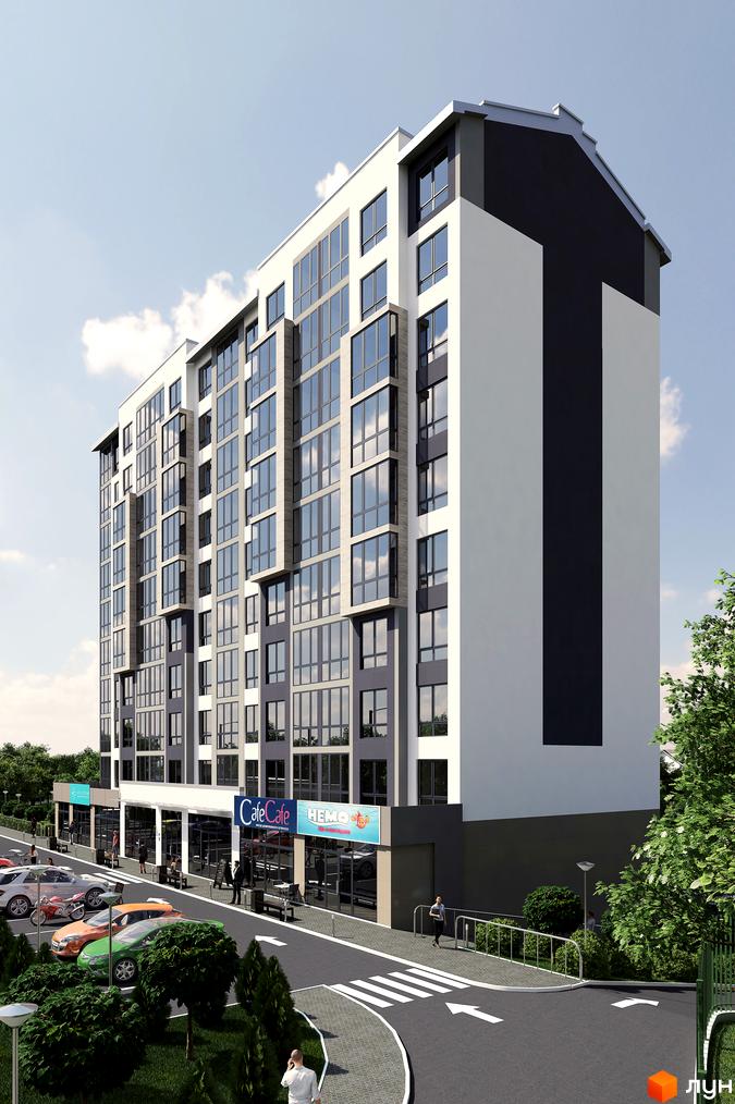 Житловий комплекс River Stone з багатоповерховою будівлею біло-сірого та чорного кольорів, великими вікнами. Навколо є парковка, дорога, зелені насадження та комерційні приміщення на першому поверсі.