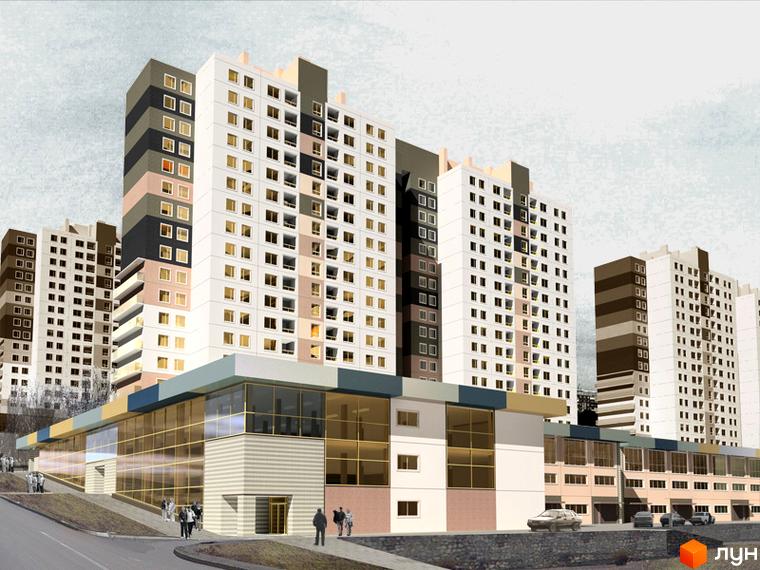 Житловий комплекс Нова перемога з висотними будинками та прибудинковою територією, облаштованою для відпочинку.