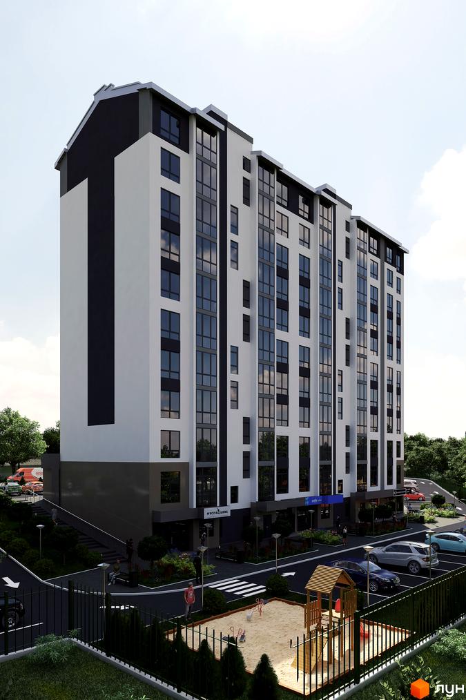 Багатоповерховий будинок ЖК River Stone білого та темно-сірого кольорів. На прибудинковій території є парковка, дитячий майданчик та зелені зони.