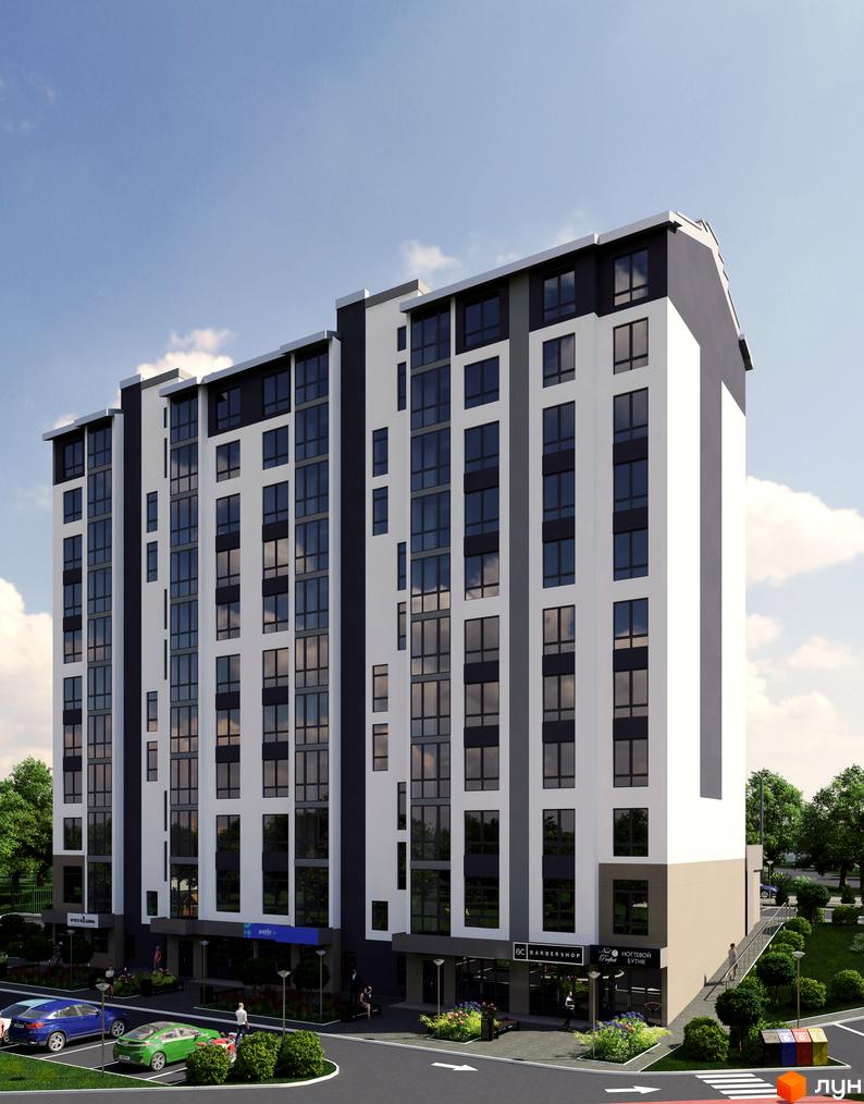 Житловий комплекс River Stone: багатоповерховий будинок з білим та темно-сірим фасадом, великими вікнами. Навколо парковка та зелені насадження.