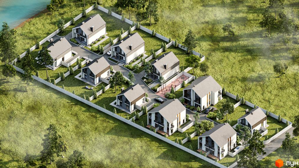 Котеджне містечко В колі друзів: будинки зі світлими фасадами, темними дахами, зеленими газонами та дитячим майданчиком.