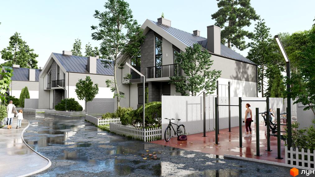 Котеджне містечко В колі друзів: двоповерхові будинки з сіро-білими фасадами та темними дахами. На території облаштований спортивний майданчик та зелені насадження.