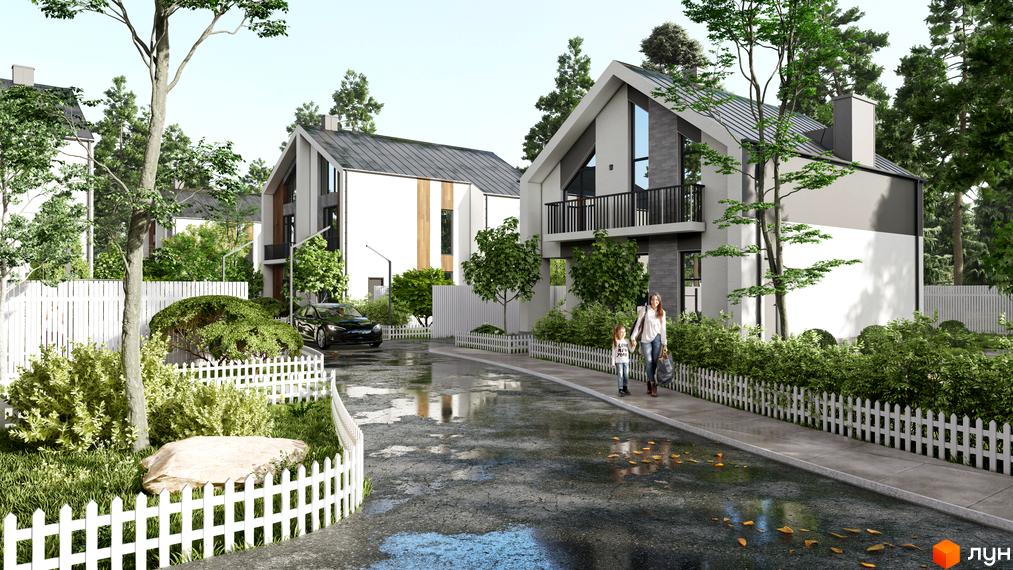 Котеджне містечко КМ В колі друзів: білі будинки з сірими елементами, зелені дерева, паркан та доглянута територія.