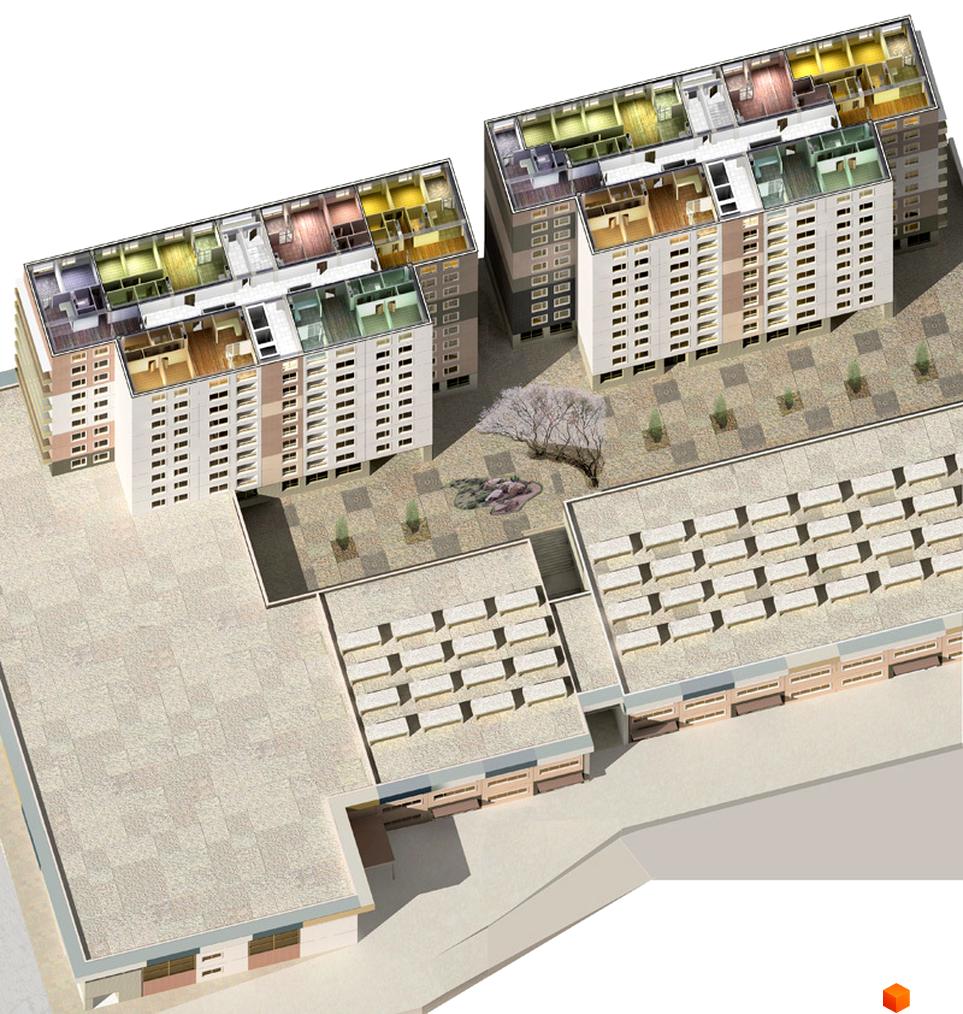 Житловий комплекс Нова перемога з двома будинками та прибудинковою територією, оформленою зеленими насадженнями.