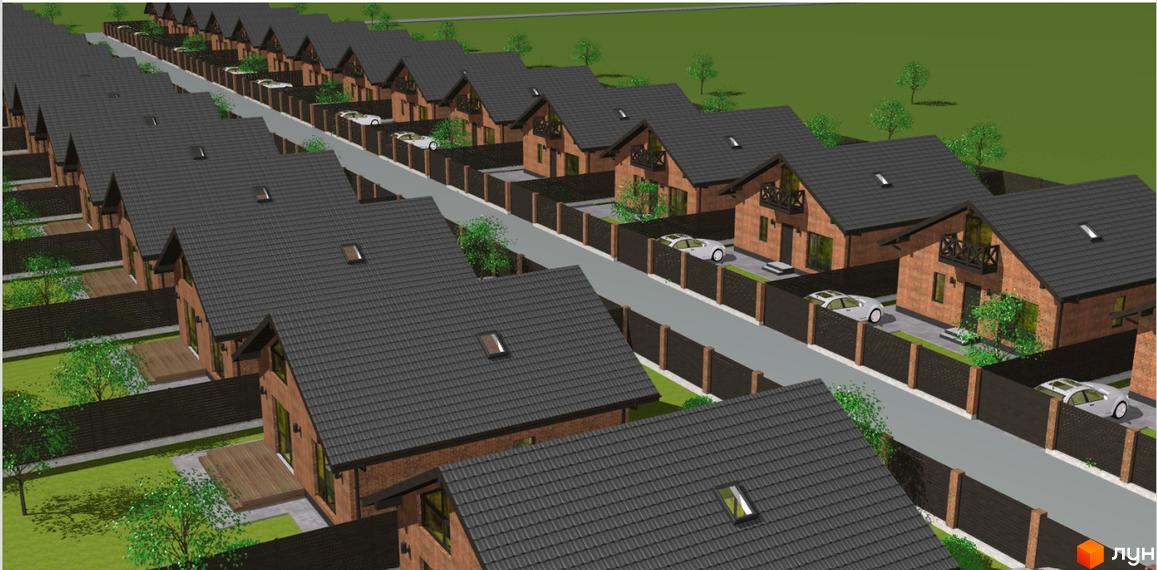 Котеджне містечко Приморська Баварія: цегляні будинки з темними дахами та зелені дерева на прибудинковій території. На вулиці стоять білі автомобілі.