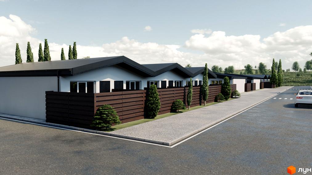 Зображення таунхаусів Kubinsky з темним парканом та зеленими насадженнями вздовж тротуару. На задньому плані видно проїжджу частину.