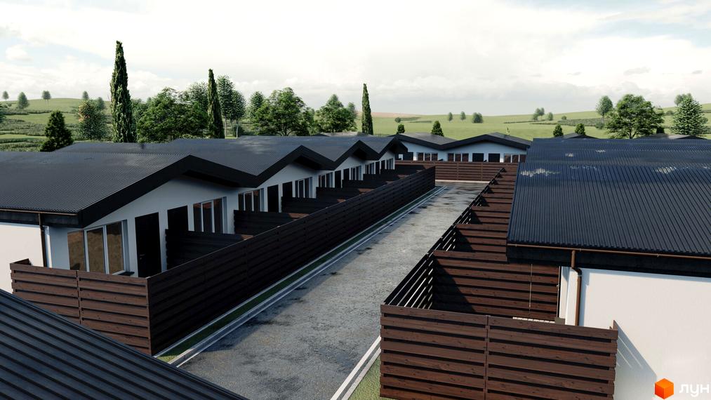 Зображення таунхаусів Kubinsky з темними дахами та дерев'яними парканами. Навколо комплексу зелені насадження та поле.