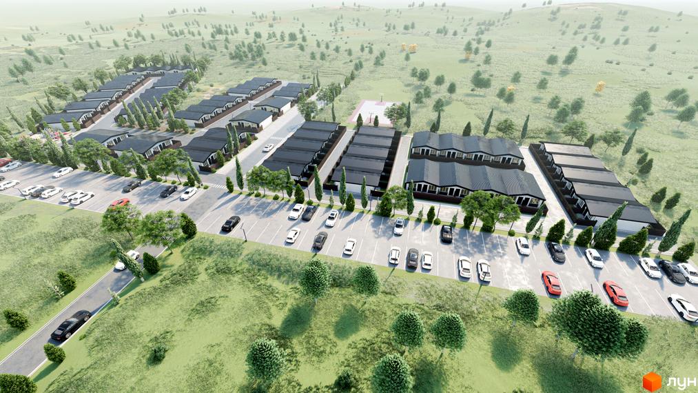 Панорамне фото таунхаусів Kubinsky з парковкою та озелененою територією. Вид зверху на житловий район.