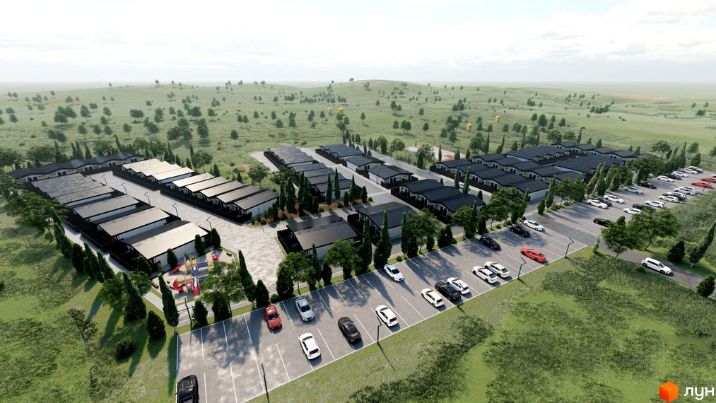 Зображення таунхаусів Kubinsky з великою парковкою та дитячим майданчиком. Вид з висоти пташиного польоту на Житловий район.