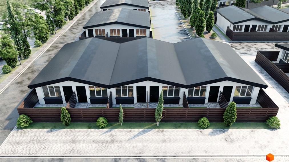 Зображення таунхаусів Kubinsky з темним дахом та білими стінами. На передньому плані видно зелені насадження та дерев'яний паркан.