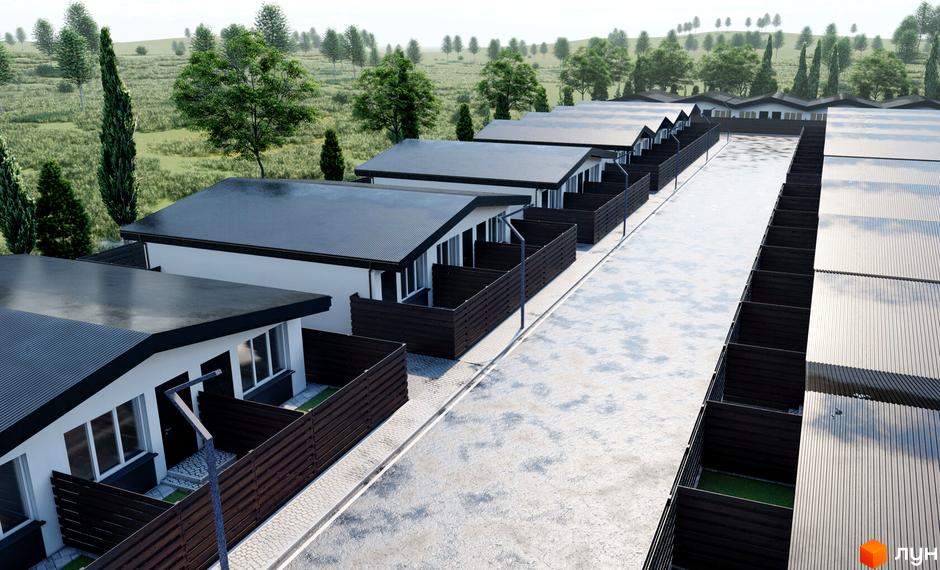 Зображення таунхаусів Kubinsky з прибудинковою територією. Вид зверху на житловий район з двоповерховими будинками.