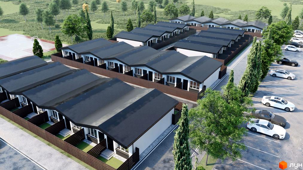 Зображення таунхаусів Kubinsky з темними дахами та коричневими парканами. Поруч розташована парковка з автомобілями та зелені насадження.