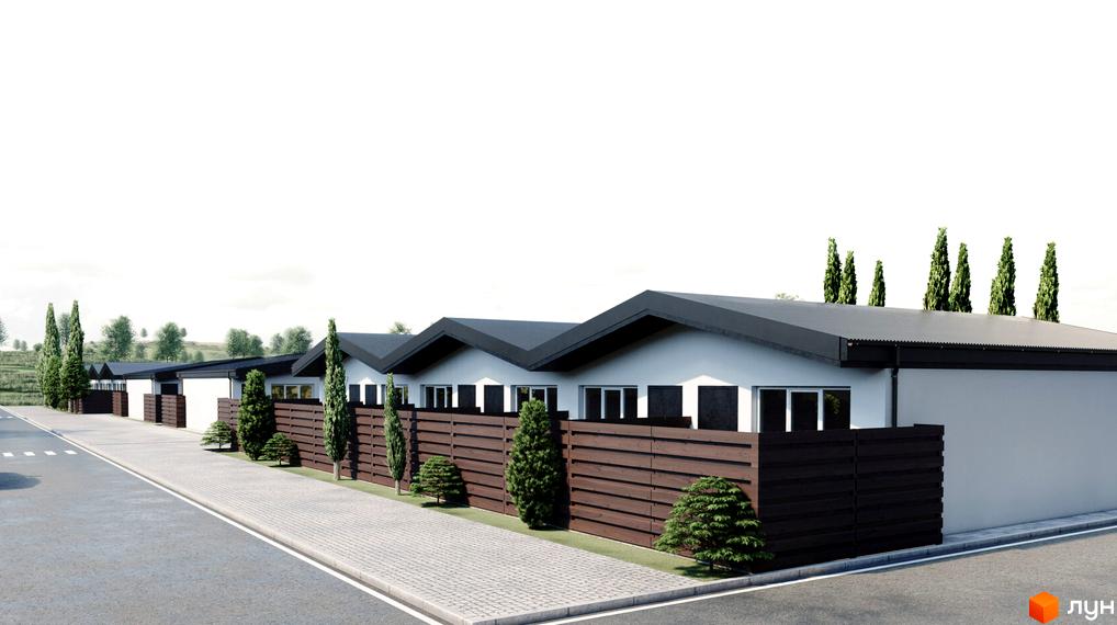 Зображення таунхаусів Kubinsky з темним дахом та дерев'яним парканом. Навколо будинку висаджені декоративні дерева та кущі.