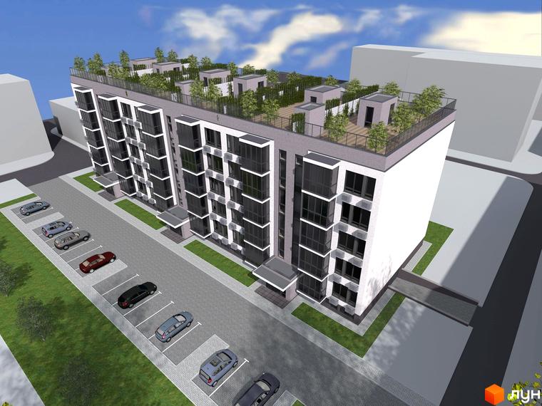 Зображення Житлового комплексу Оскар з фасадом будинку та парковкою. На даху розташовані зелені насадження.