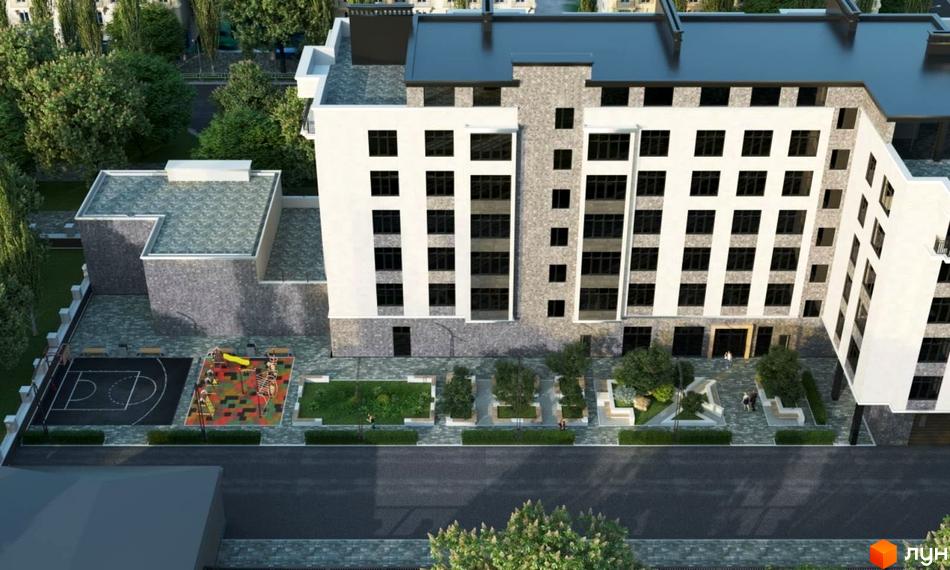 Зовнішній вигляд житлового комплексу Європейський з дитячим майданчиком та спортивною зоною. Огляд фасаду будівлі та прибудинкової території.