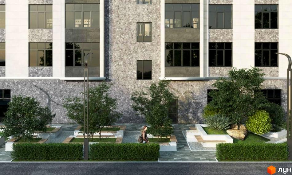 Зовнішній вигляд новобудови ЖК Європейський з сірим фасадом та великими вікнами. Прибудинкова територія з деревами, кущами та місцями для відпочинку.