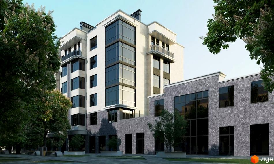 Зовнішній вигляд житлового комплексу Європейський з кам'яним фасадом та великими вікнами на тлі дерев та блакитного неба. Навколо комплексу облаштована прибудинкова територія з ландшафтним дизайном.