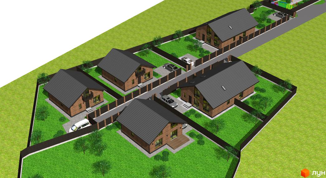 Котеджне містечко Одноповерховий Київ - Хотів: цегляні будинки з темними дахами та зелені прибудинкові території з деревами та парканами. На території є автомобілі та дитячий майданчик.