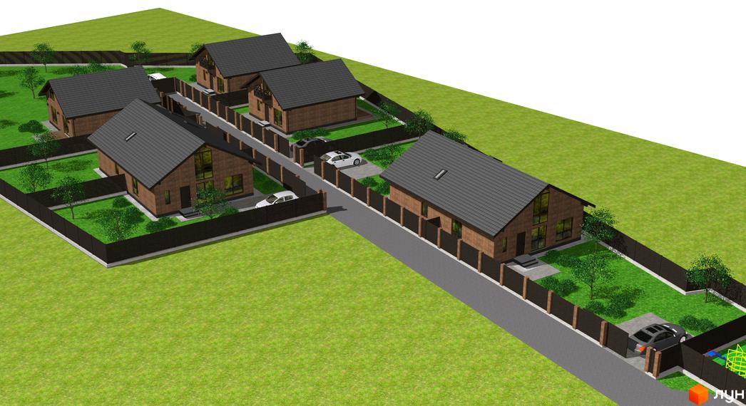 Котеджне містечко КМ Одноповерховий Київ - Хотів: цегляні будинки з сірими дахами та доглянутими зеленими ділянками, огородженими парканом.