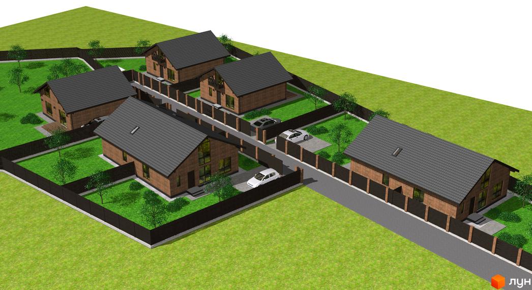 Котеджне містечко Одноповерховий Київ - Хотів. Будинки з цегляним фасадом та сірим дахом, розташовані на доглянутій зеленій території з деревами та парканом.