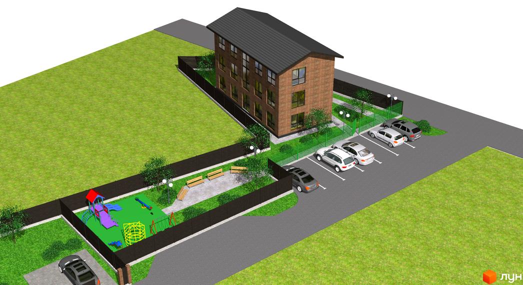 Котеджне містечко Одноповерховий Київ - Хотів. Зовнішній вигляд цегляного будинку та прибудинкової території з дитячим майданчиком та парковкою.