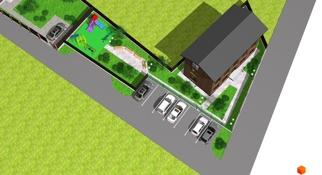 Котеджне містечко Одноповерховий Київ - Хотів. Зовнішній вигляд цегляного будинку з сірим дахом та прибудинковою територією з дитячим майданчиком та парковкою.