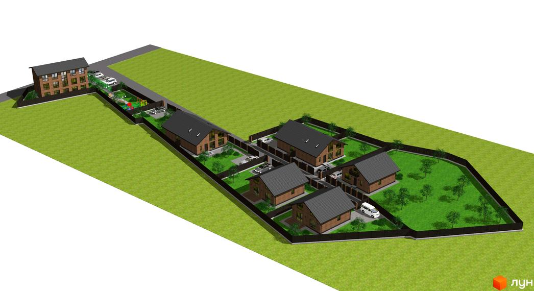 Котеджне містечко КМ Одноповерховий Київ - Хотів. Зовнішній вигляд цегляних будинків з сірими дахами та прибудинкова територія з зеленими газонами та дитячим майданчиком.