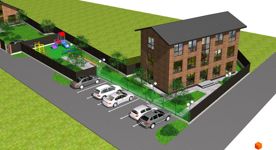 Котеджне містечко Одноповерховий Київ - Хотів. Триповерховий цегляний будинок з парковкою, дитячим майданчиком та озелененою територією.