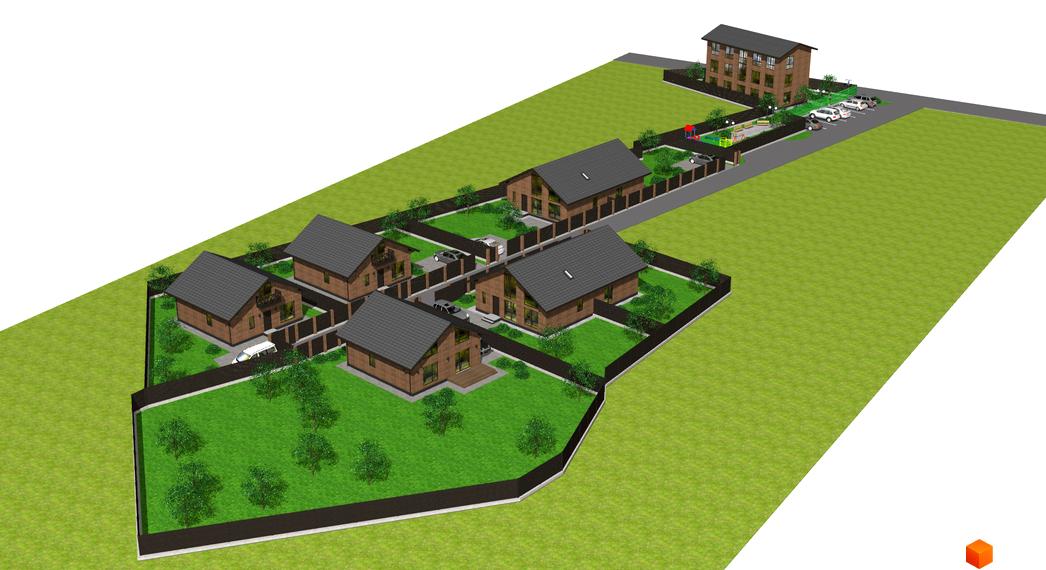 Котеджне містечко Одноповерховий Київ - Хотів. Триповерхова цегляна будівля та чотири цегляні будинки з сірими дахами на зеленому газоні.