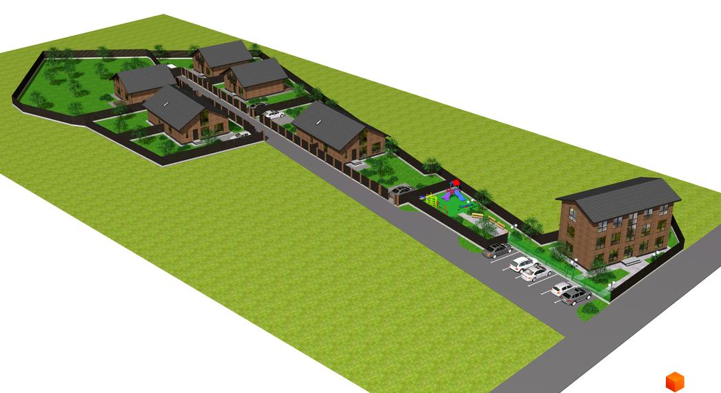 Котеджне містечко КМ Одноповерховий Київ - Хотів: триповерхова цегляна будівля з сірим дахом та прибудинкова територія з дитячим майданчиком та парковкою.