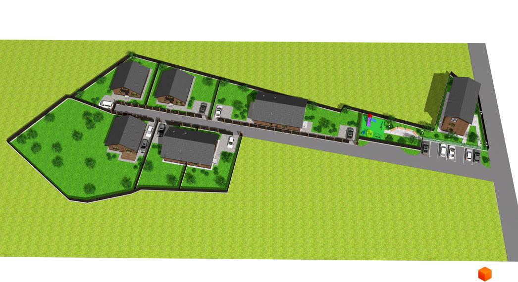 Котеджне містечко Одноповерховий Київ - Хотів: одноповерхові будинки з темними дахами та світлими стінами. На території є дитячий майданчик та парковка.