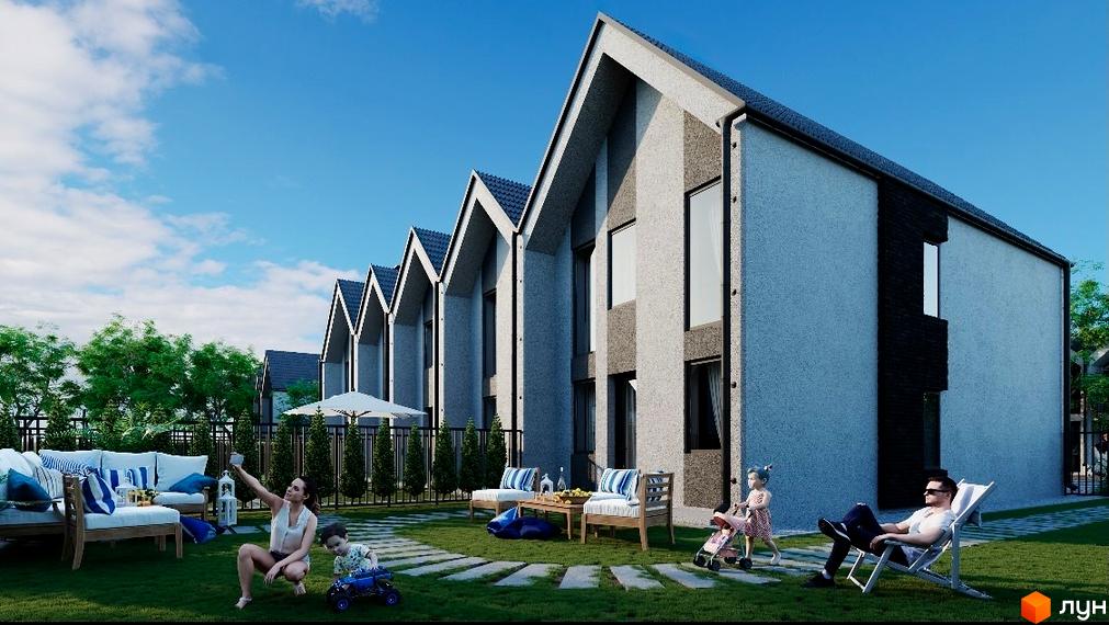 Котеджне містечко КМ Сучасні люди: фасади будівель з гострими дахами та прибудинкова територія з зонами відпочинку. Фото новобудови з сім'єю на подвір'ї.