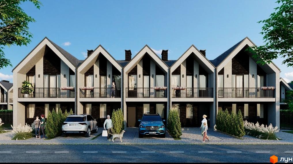Котеджне містечко Сучасні люди: фасади будинків з двосхилими дахами, балконами та прибудинковою територією з автомобілями та людьми.