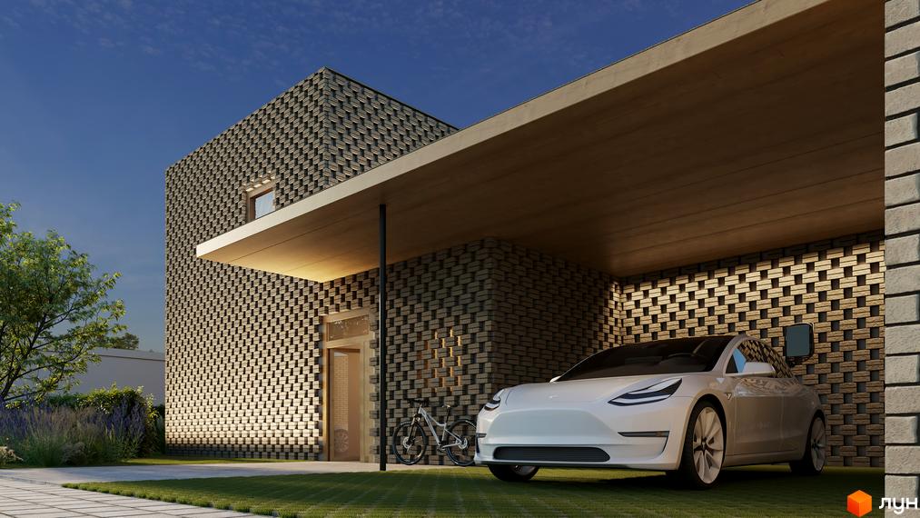 Котеджне містечко КМ ХО Club: будинок з цегляною облицовкою та навісом для електромобіля, поруч велосипед та зелена ділянка.