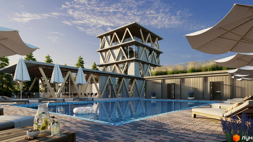 Котеджне містечко КМ ХО Club з басейном та зонами відпочинку. Сучасна архітектура будівлі з дерев'яними елементами та панорамними вікнами.