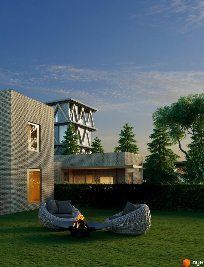Котеджне містечко КМ ХО Club: цегляний будинок з панорамними вікнами та зеленою зоною з кріслами та вогнищем.