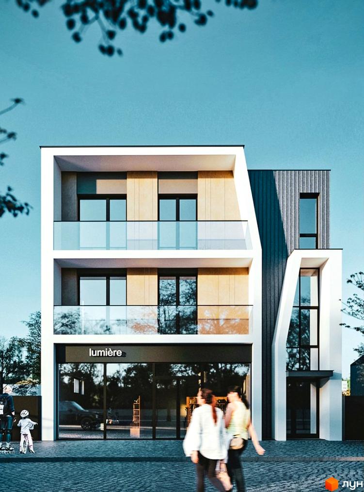 Фасад новобудови ЖК Club House з панорамними вікнами та скляними балконами. Поруч з будинком - дитина на велосипеді та люди, що йдуть по бруківці.