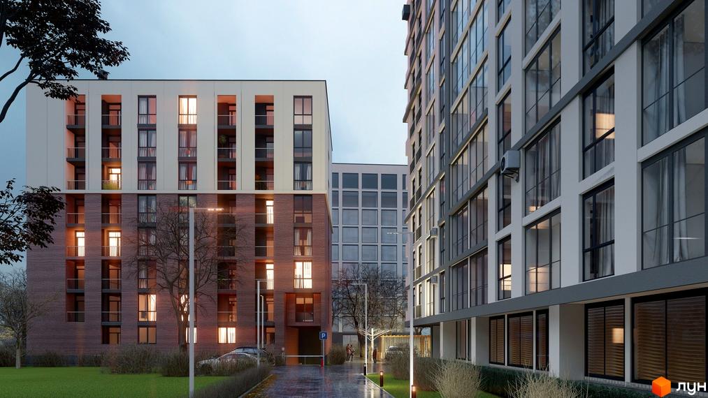 Зображення фасаду Новобудови New з великими вікнами та прибудинковою територією з газоном і деревами.