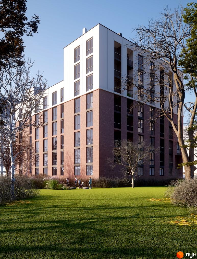 Зображення фасаду та прибудинкової території Житлового комплексу New. На передньому плані зелений газон та дерева.