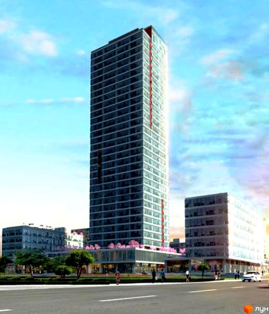 Житловий комплекс вул. Князя Володимира Великого, 15г, з високим будинком та прибудинковою територією з зеленими насадженнями.