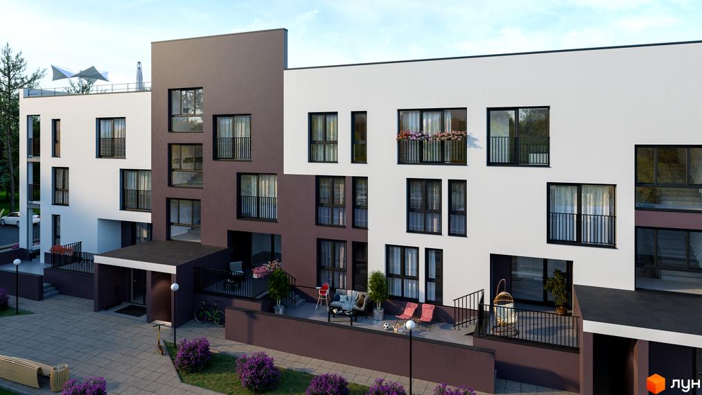 Новобудова Еко-дім на Надійній з білими та темно-коричневими фасадами, вікнами та балконами. Облаштована прибудинкова територія з доріжками, кущами та зонами відпочинку.