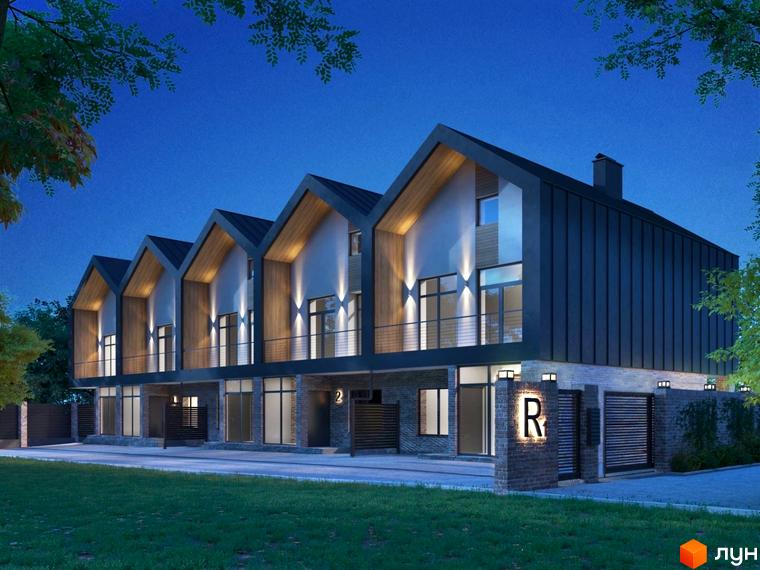 Зображення таунхаусів Riverium з фасадом з темного металу, великими вікнами та дерев'яними вставками. Перед будинком зелений газон.