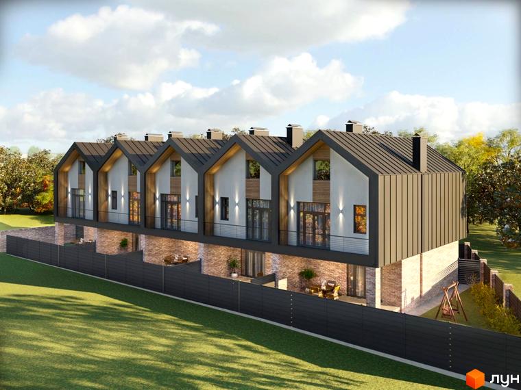 Зображення таунхаусів Riverium. Триповерхові будинки з сірими дахами та великими вікнами, подвір'я з газоном та огорожею.