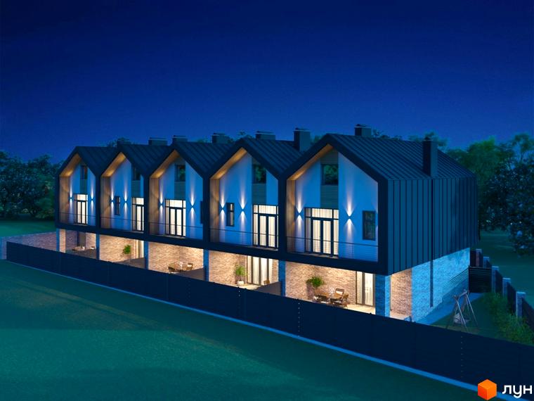 Зображення таунхаусів Riverium вночі. Двоповерхові будинки з темними дахами та освітленою прибудинковою територією.