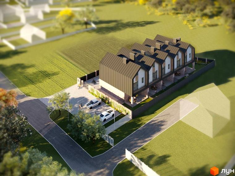 Зображення таунхаусів Riverium з прибудинковою територією, парковкою та зеленими насадженнями. Вигляд зверху на житловий район.