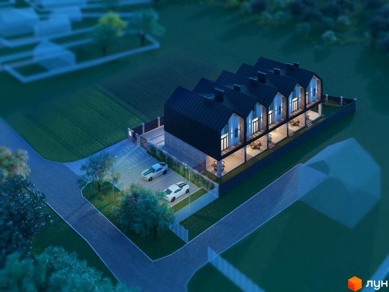 Зображення таунхаусів Riverium з темними дахами та великими вікнами, поруч з якими розташована парковка та зелені насадження.